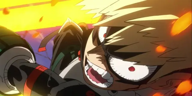 Katsuki Bakugo shouting and shooting an explosion