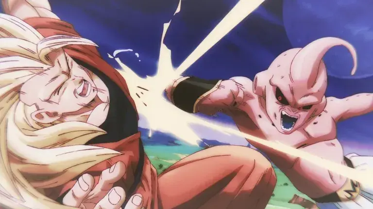 Goku battles Kid Buu in a chaotic fight