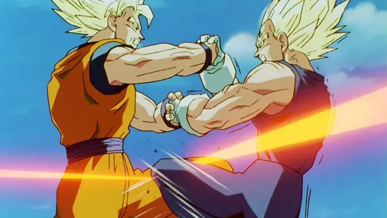 Goku fights Majin Vegeta with emotional intensity