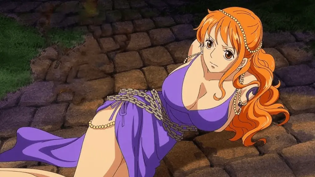 Nami wearing the 'National Treasure' purple gown from Zou Arc