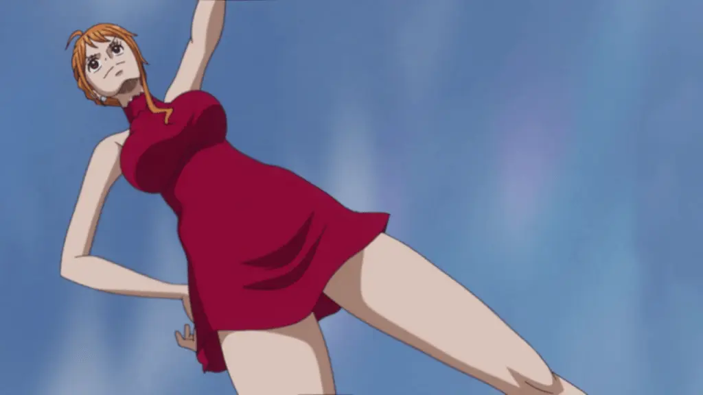 Nami in a red backless dress from Whole Cake Island Arc