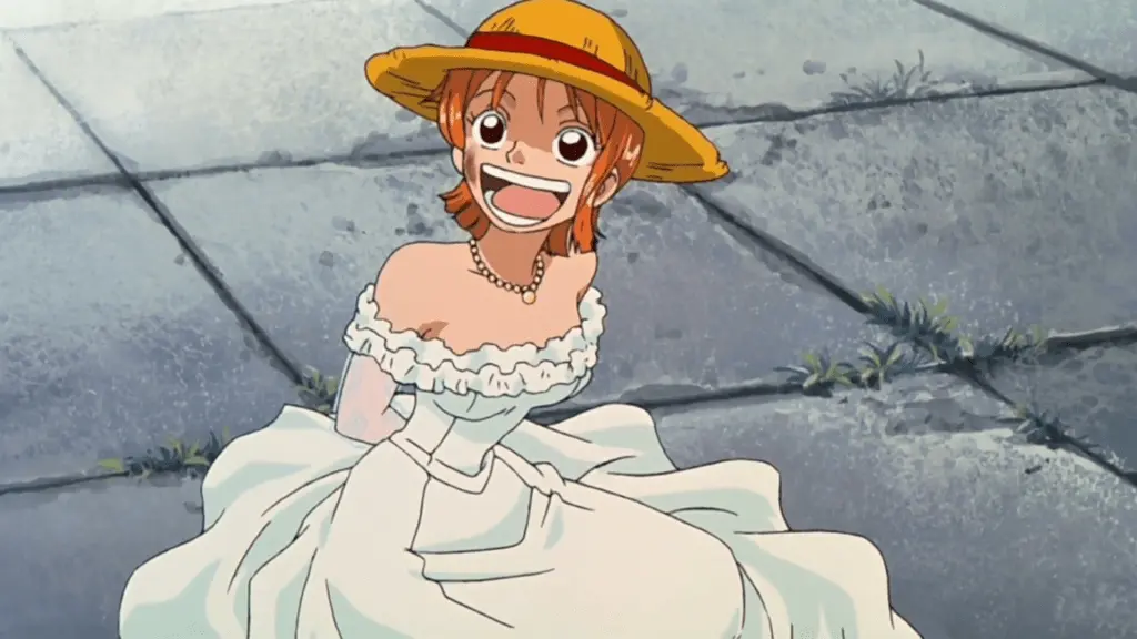 Nami in a wedding dress wearing Luffy's straw hat from Clockwork Island Adventure movie