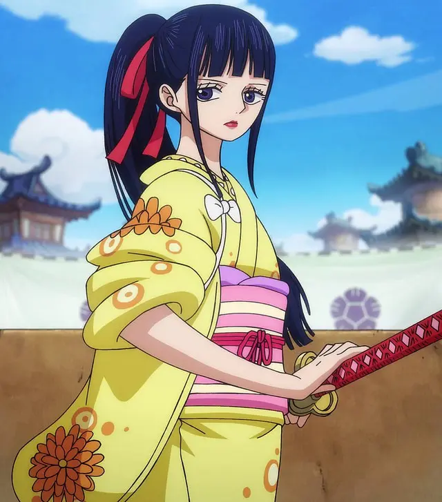 O-Kiku in battle stance wielding a sword
