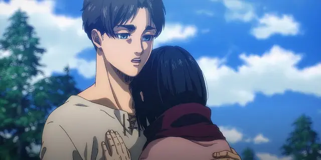 Eren Yeager holding Mikasa Ackerman in Attack on Titan