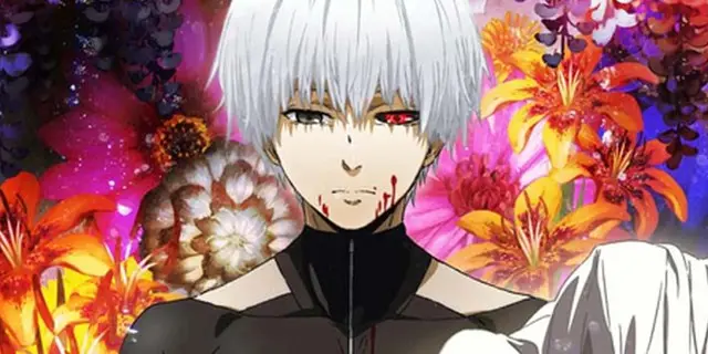 White-haired Kaneki in front of flowers