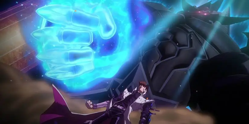 Seto Kaiba standing with Obelisk the Tormentor