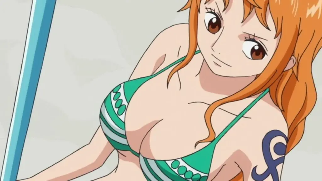 Nami wearing green bikini and jeans in Return to Sabaody Arc