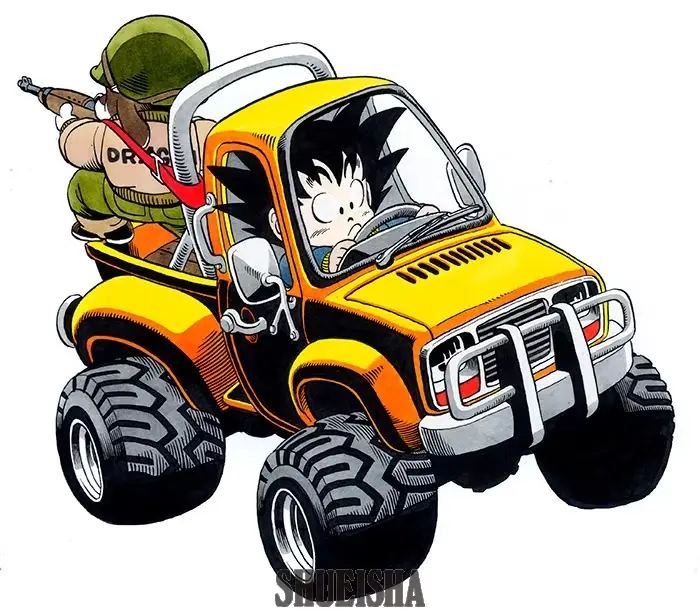 Goku driving a yellow off-road vehicle