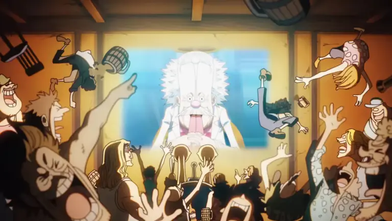 Mock Town residents watching Vegapunk's broadcast