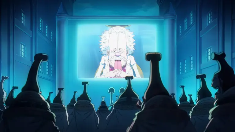 Marijois with Celestial Dragons watching Vegapunk's broadcast
