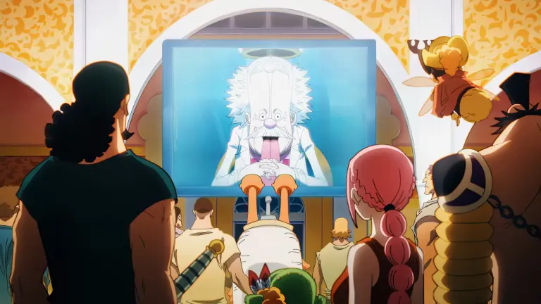 Kyros, Rebecca, Leo, and Kabu watching Vegapunk's broadcast in Dressrosa