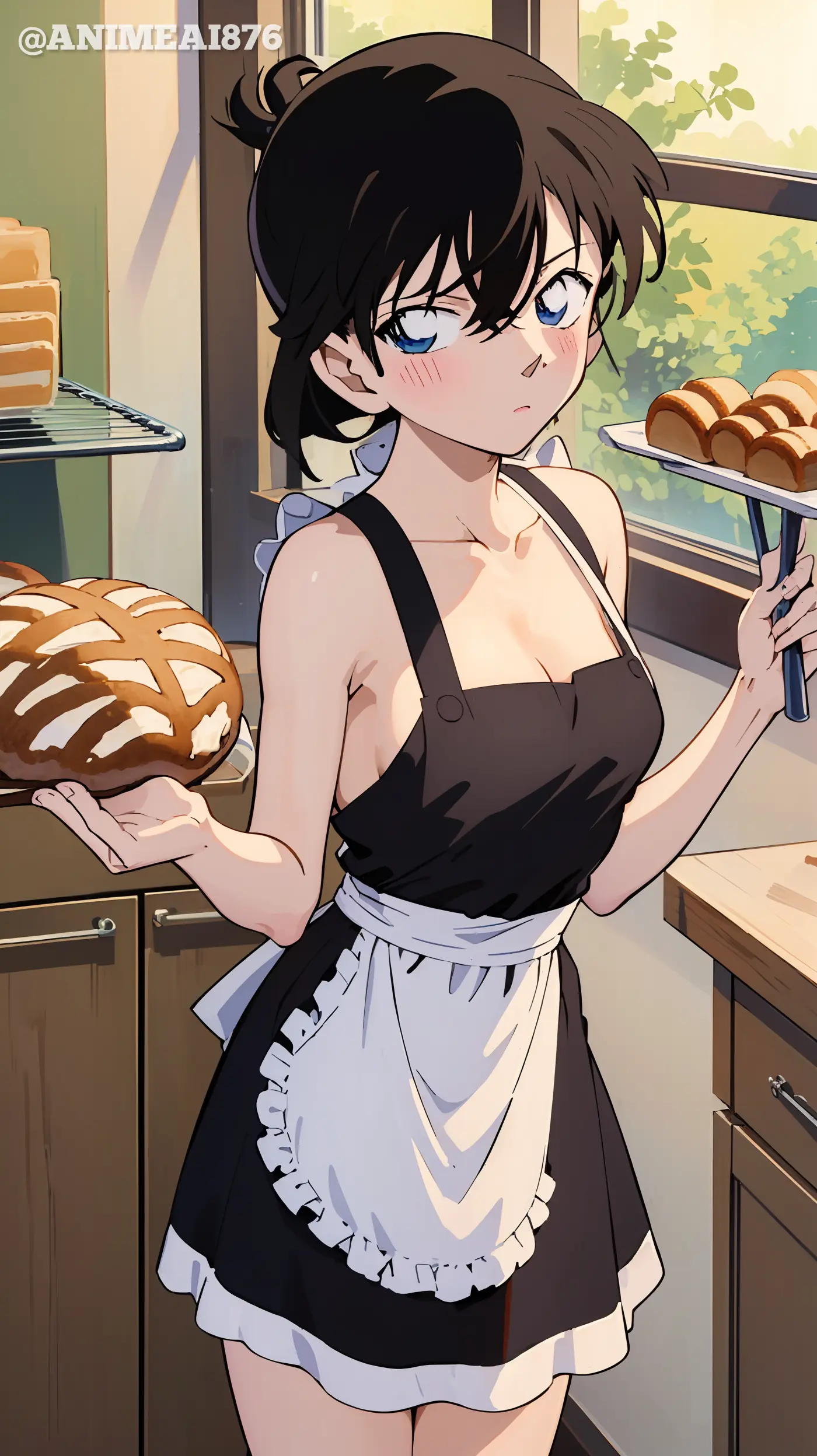 Haibara Ai with apron and soft expression