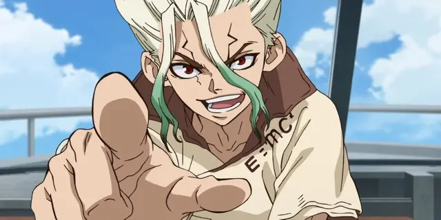 Senku from Dr. Stone pointing at the viewer