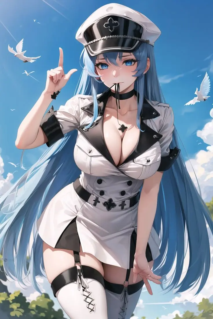 Close-up AI depiction of Esdeath's icy gaze