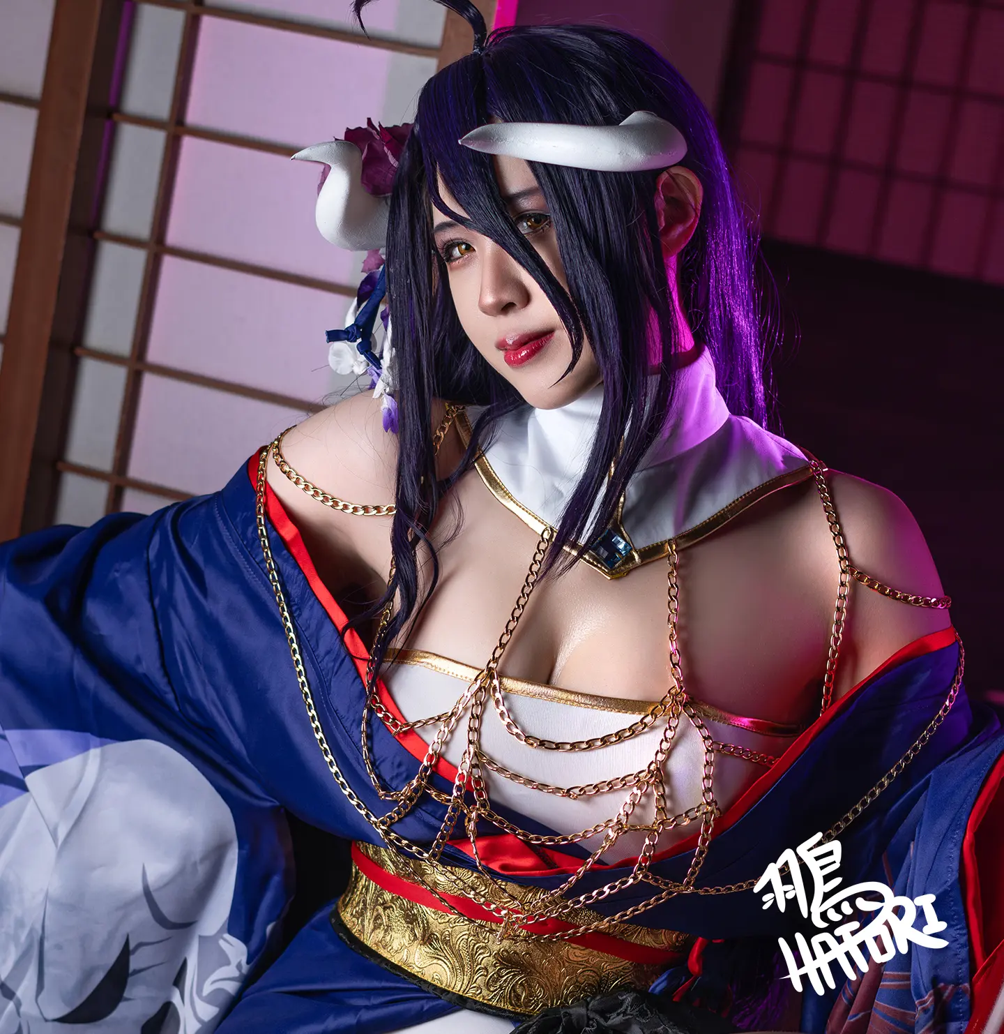 Close-up of Hatori's Albedo cosplay makeup and horns