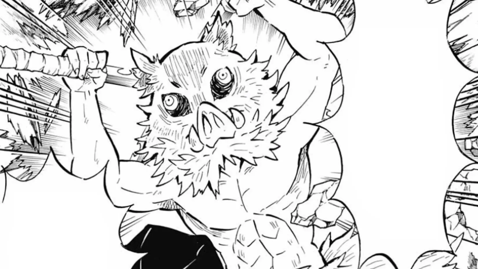 Inosuke breaks through the ceiling just in time to save Kanao