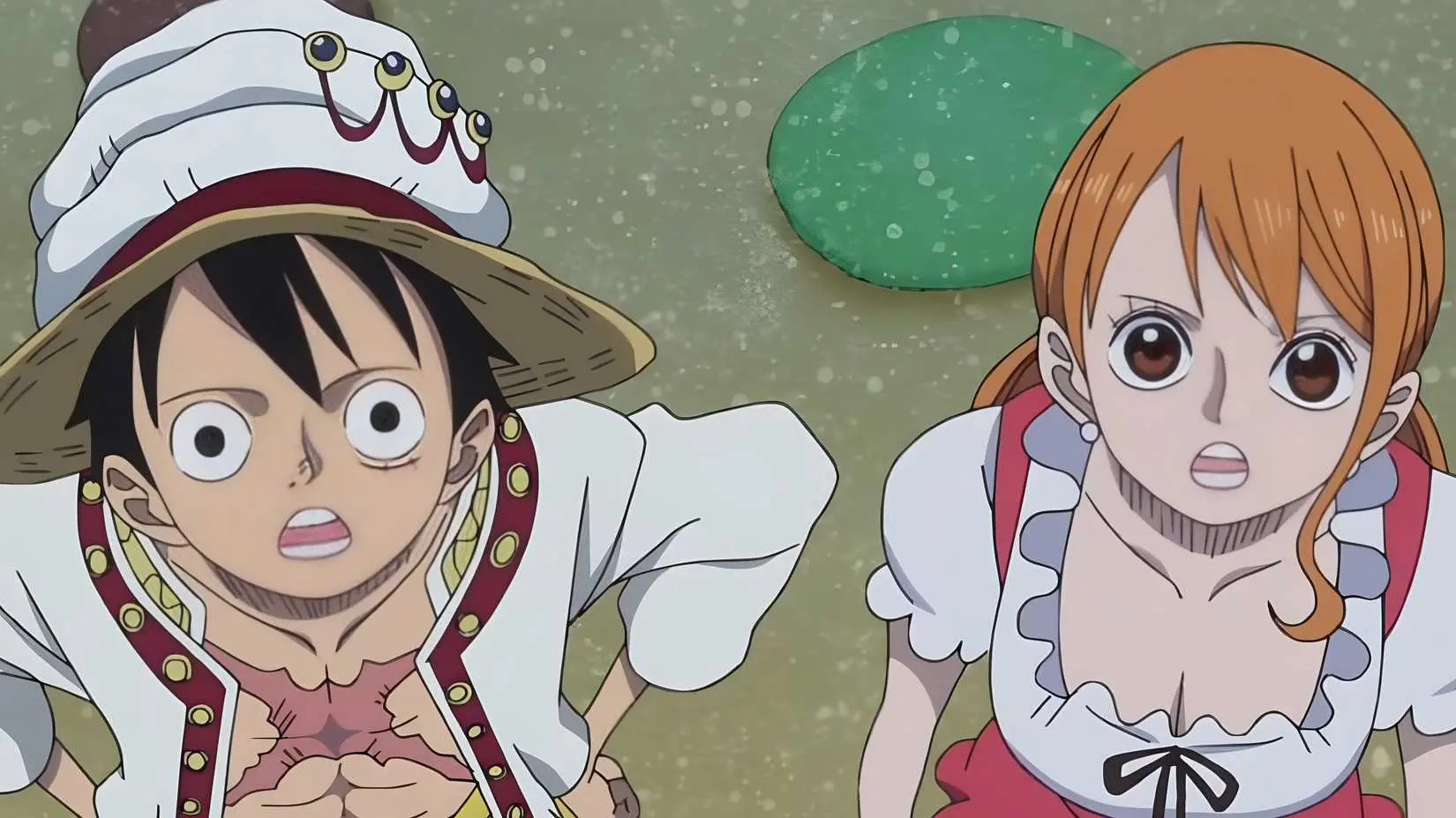 Nami and Luffy looking up in One Piece