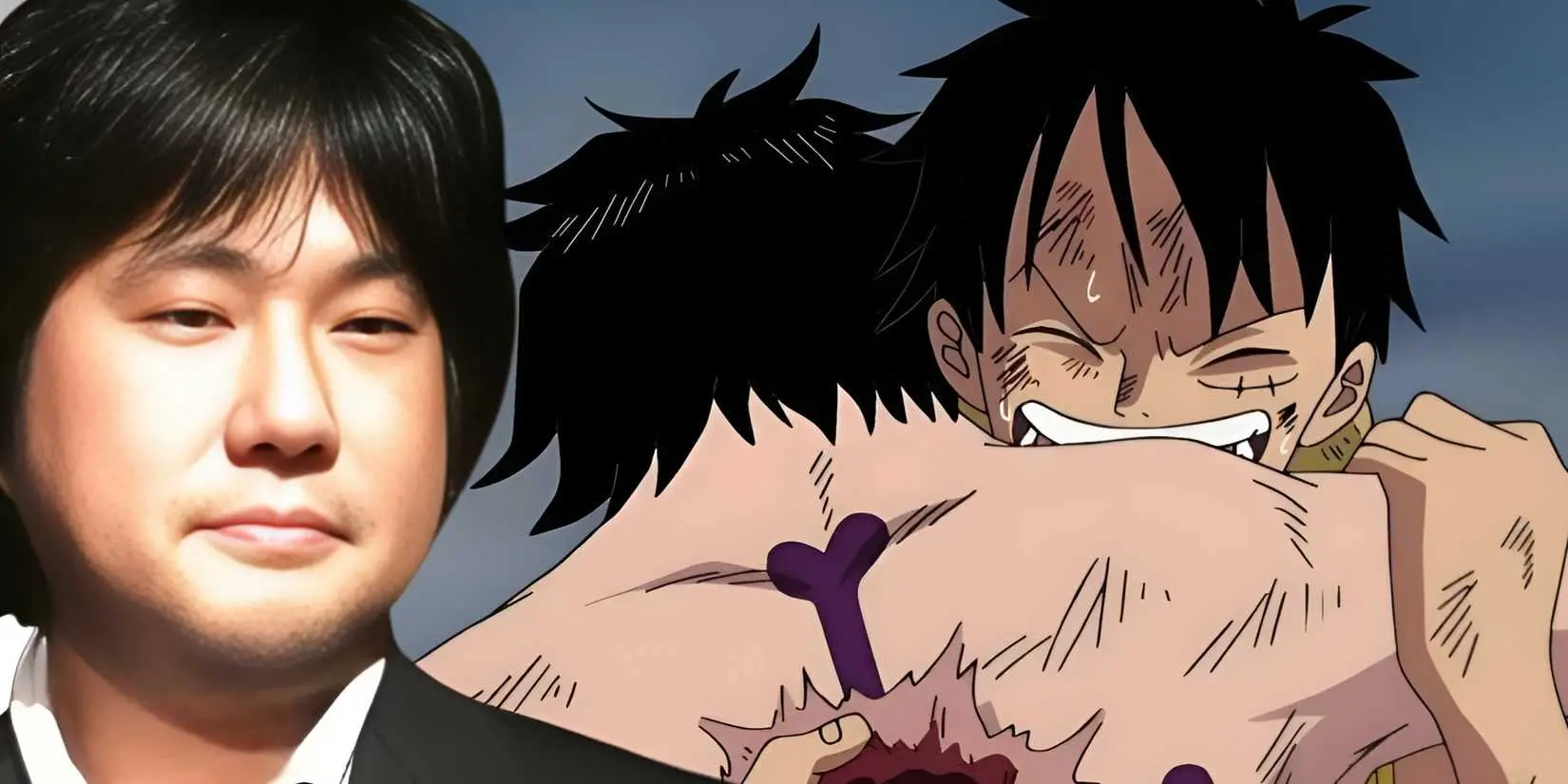 Eiichiro Oda with Luffy hugging dead Ace in the background