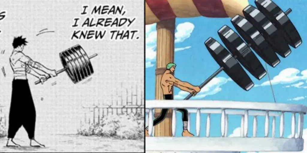 Tsurugi from Jujutsu Kaisen Modulo working out like Zoro from One Piece