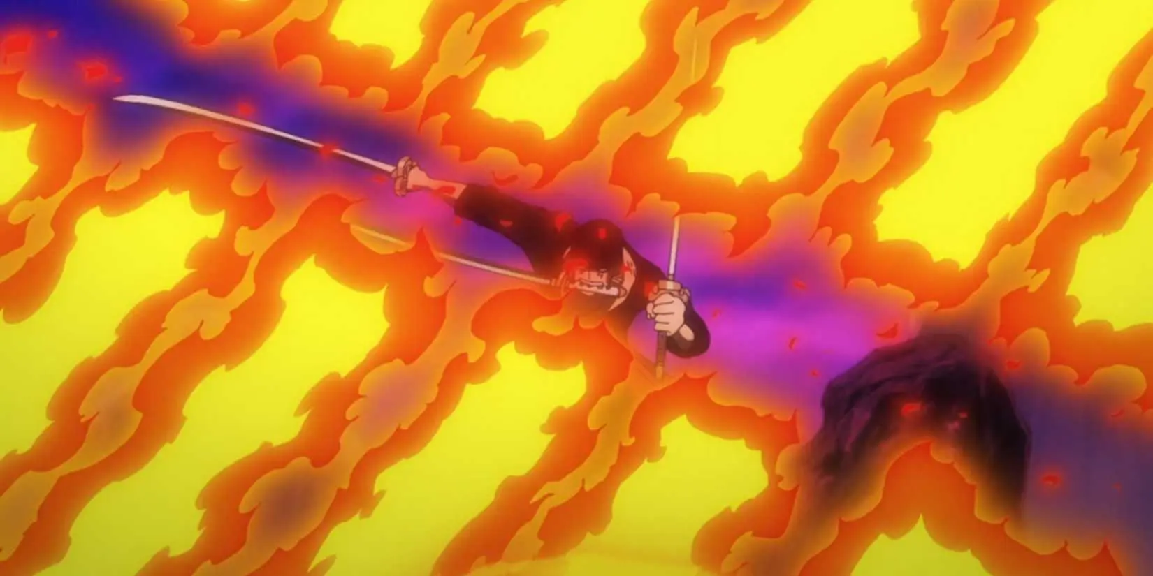 Zoro using Foxfire Style against Kaido's Boro Breath