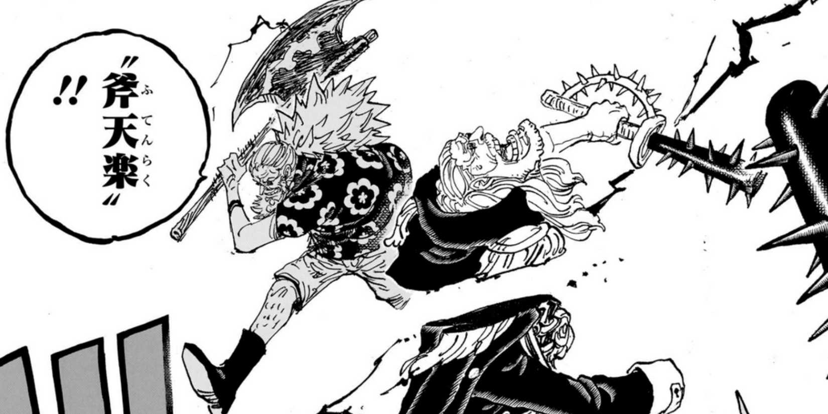 Scopper Gaban attacks Shepherd Sommers with haki and axes in One Piece