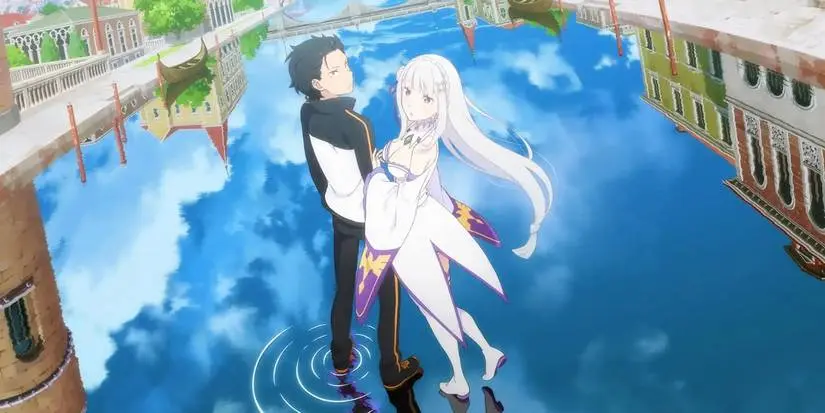 Emilia and Subaru standing on reflective water with a bridge in the background from Re:Zero