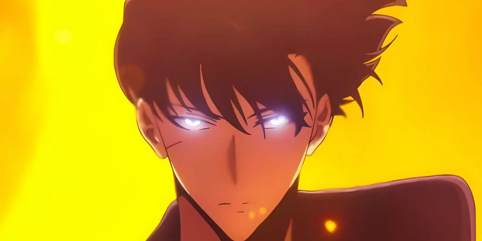 Sung Jinwoo with glowing eyes from Solo Leveling