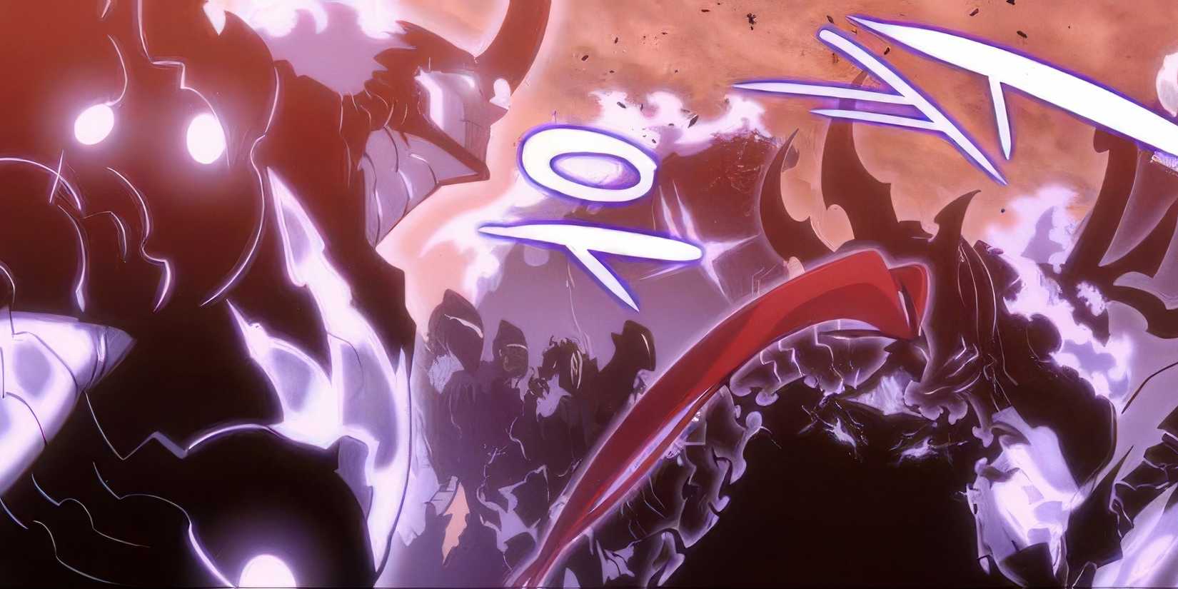 Jinwoo fighting Monarchs in Solo Leveling