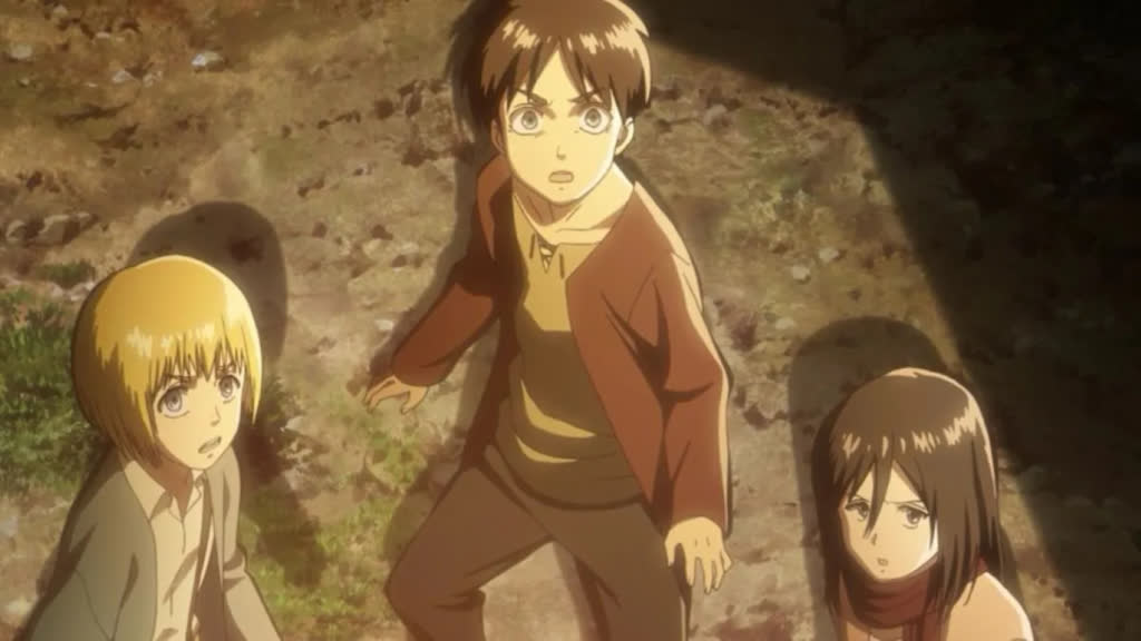 Attack on Titan characters Armin, Eren, and Mikasa