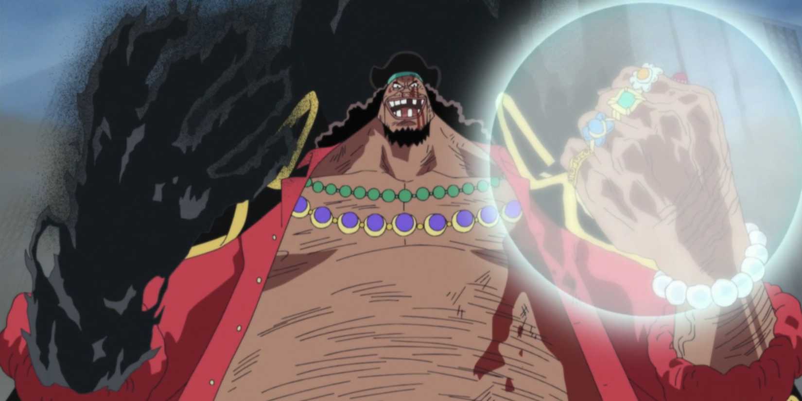 Blackbeard wields his two Devil Fruit powers in One Piece