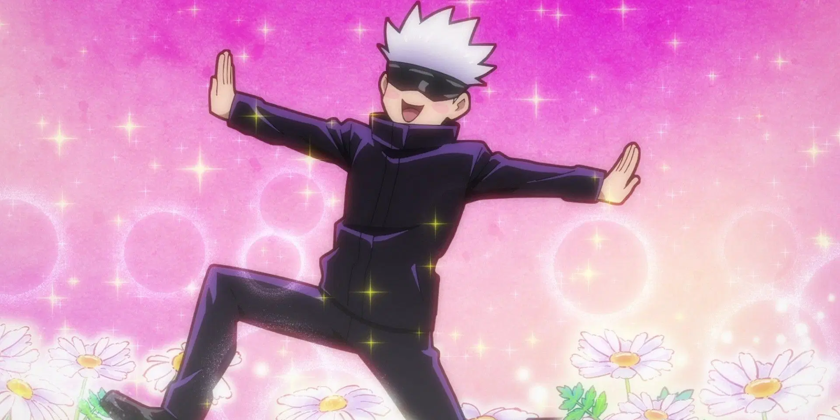 Chibi Gojo Satoru smiling in a pink field of flowers