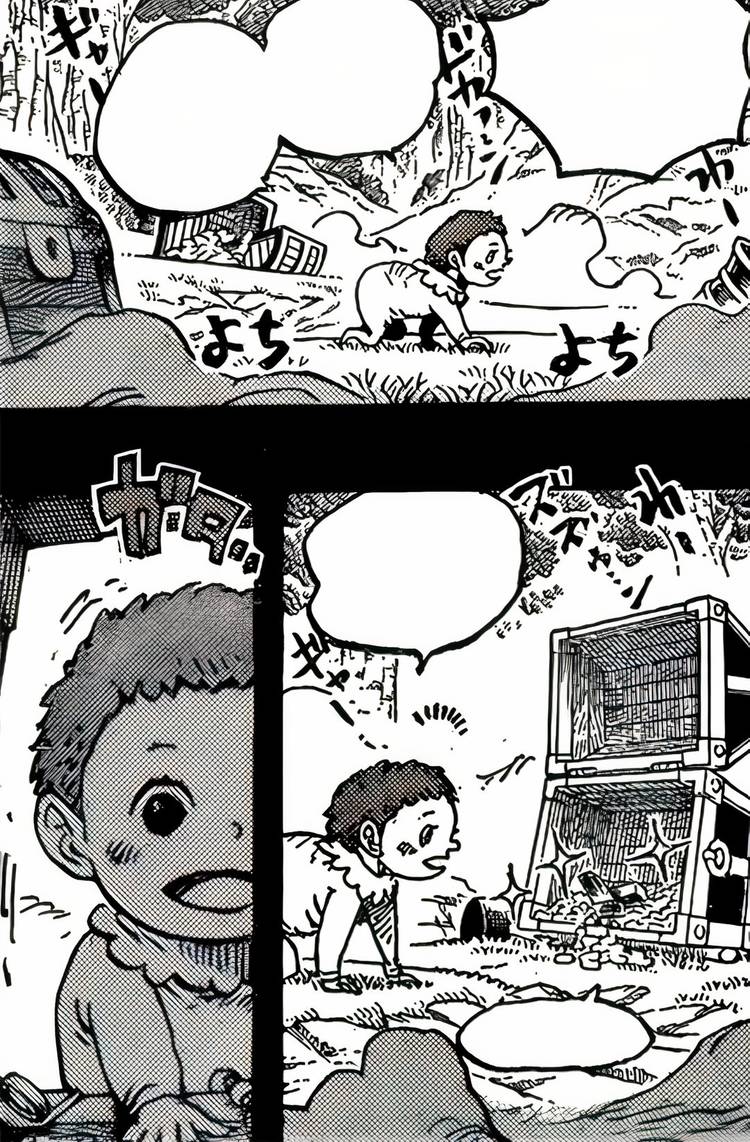 Baby Shanks crawling toward a treasure chest in One Piece manga