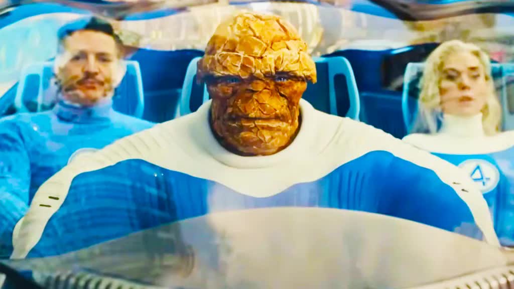 Ben Grimm driving Reed Richards and Sue Storm in The Fantastic Four: First Steps
