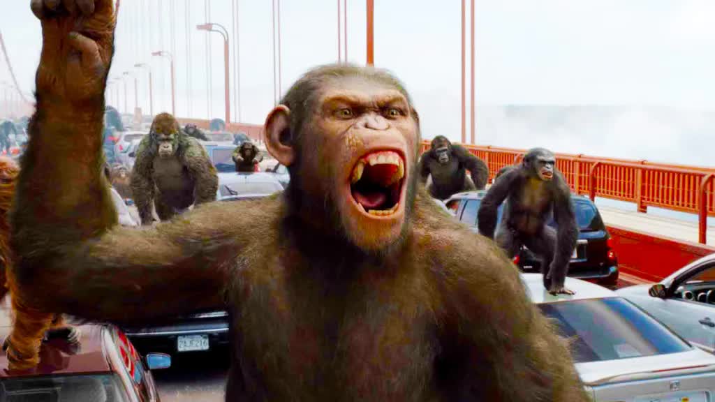 Caesar leading the apes in Rise of the Planet of the Apes