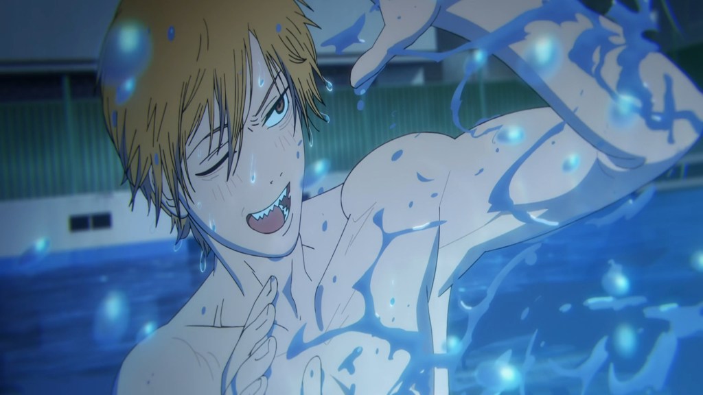 Denji and Reze swimming at night in Chainsaw Man