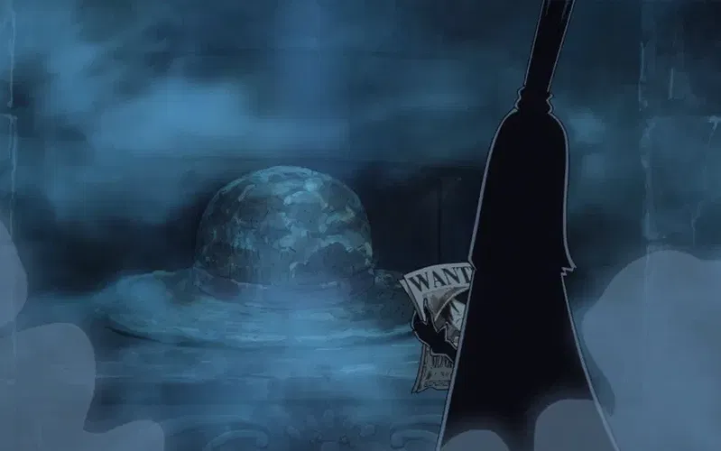 Joyboy's silhouette with straw hat frozen at Mary Geoise