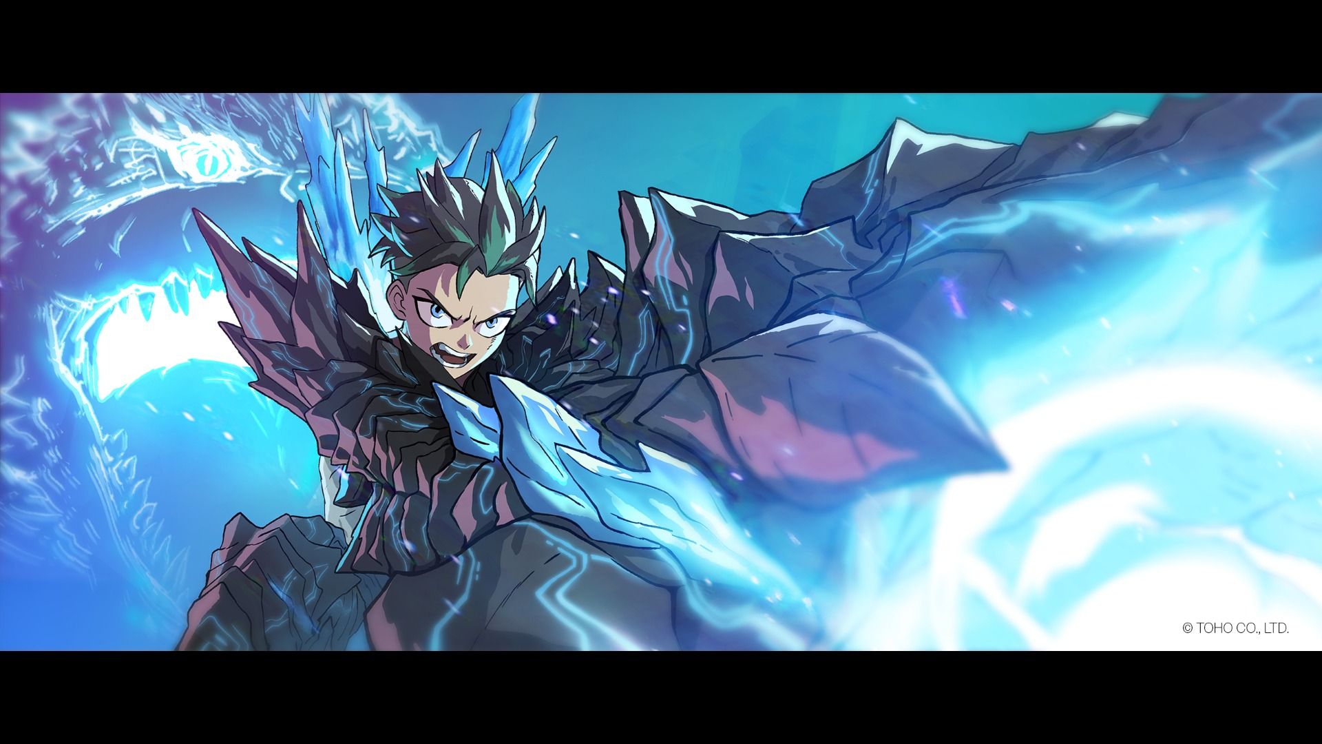 Concept art of the human-kaiju hybrid protagonist preparing to unleash Godzilla's iconic atomic breath