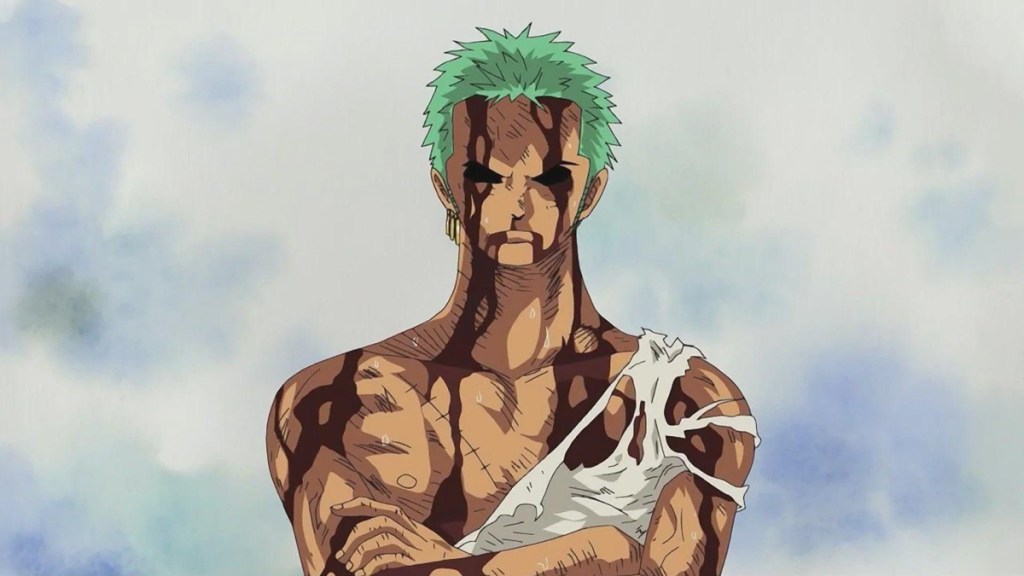 Zoro in the legendary 'Nothing Happened' scene from One Piece Episode 377