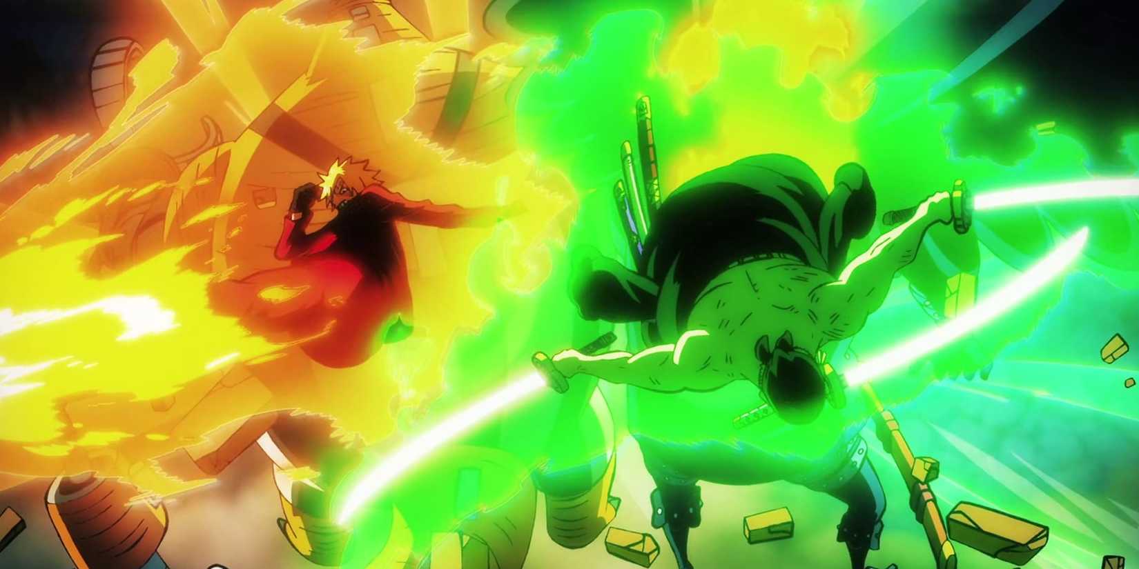 Zoro and Sanji facing King and Queen