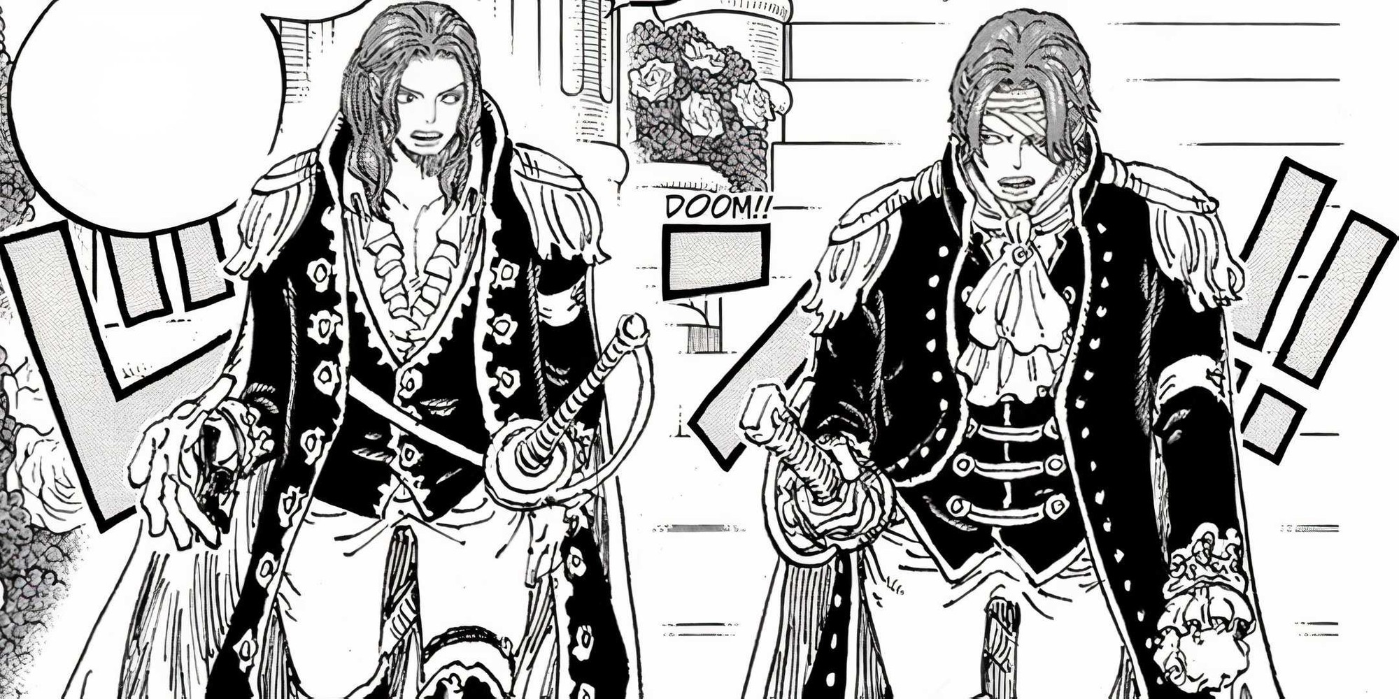 Shanks and Shamrock descending stairs in Celestial Dragon regalia in One Piece chapter 1167