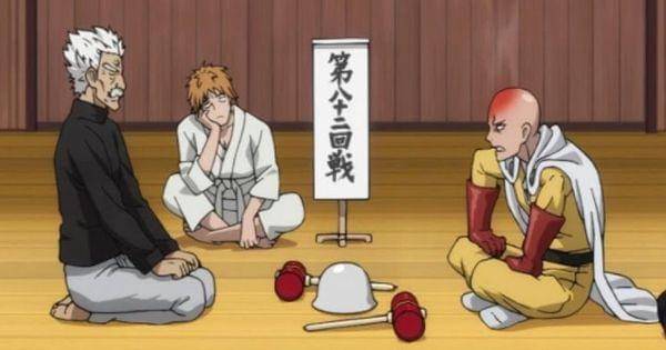Saitama losing rock-paper-scissors to Bang
