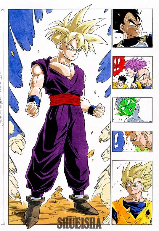 Gohan unleashing his Ki in original colored manga pages