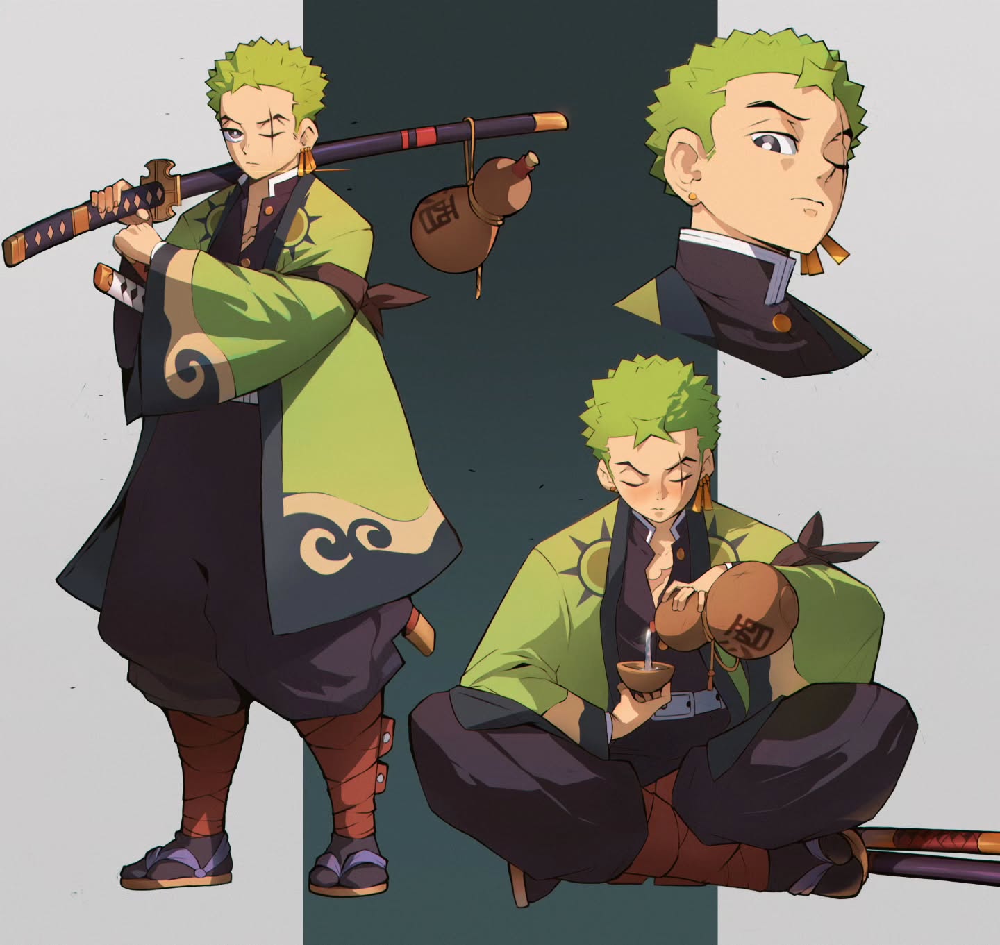 Zoro in Demon Slayer uniform fan art