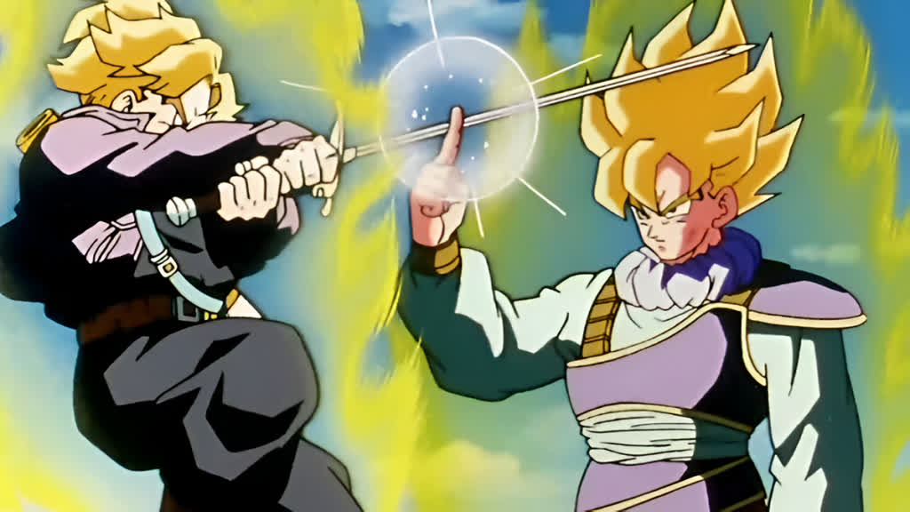 Future Trunks and Goku face off