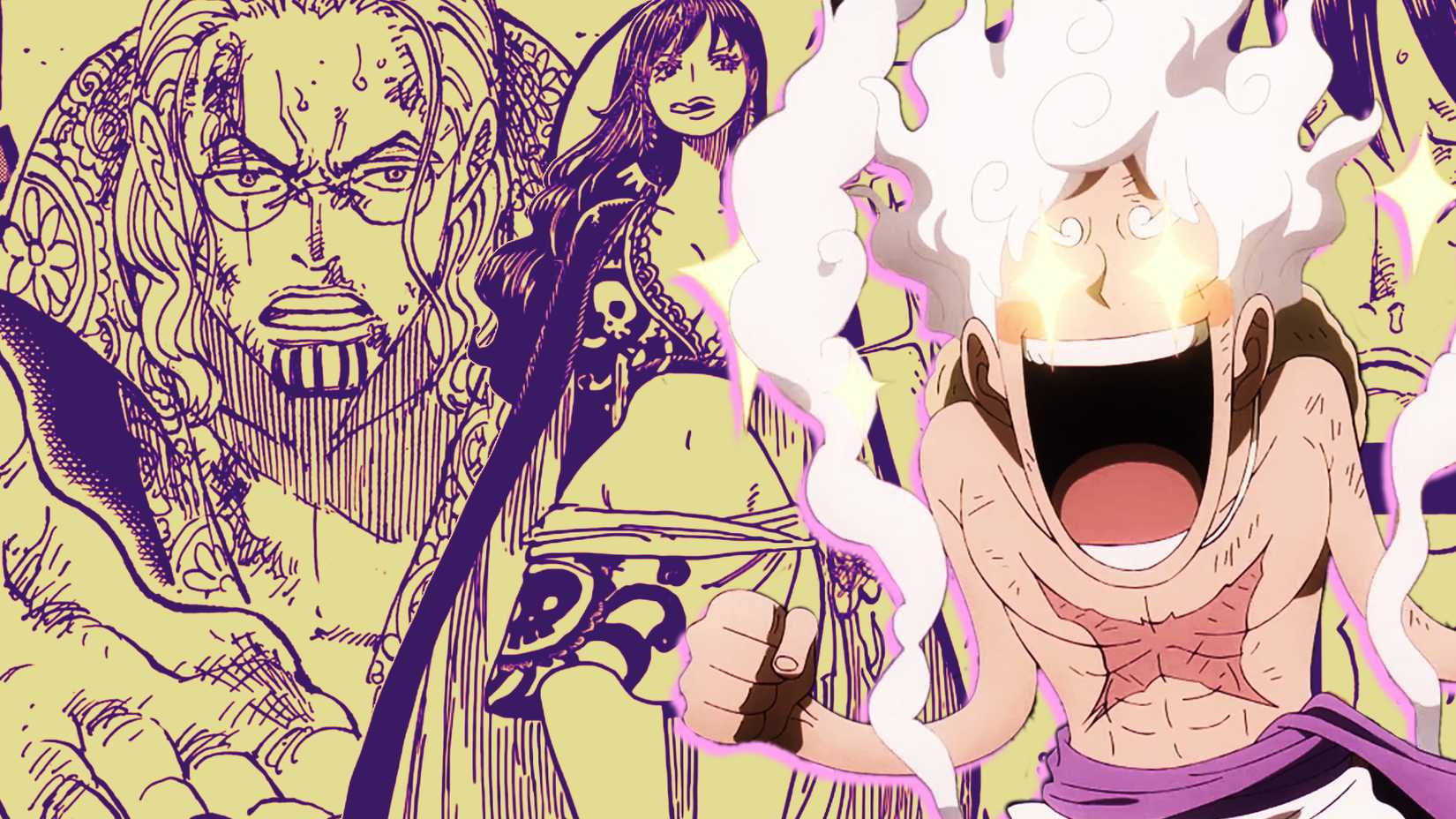 Luffy excited with Rayleigh and Shakky in the background