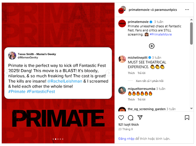 Translation: 'PRIMATE is the perfect film to kick off Fantastic Fest! It’s bloody, funny, and incredibly fun! The cast is fantastic! The kills are insane! Rachel Leishman and I screamed and hugged throughout the screening!'