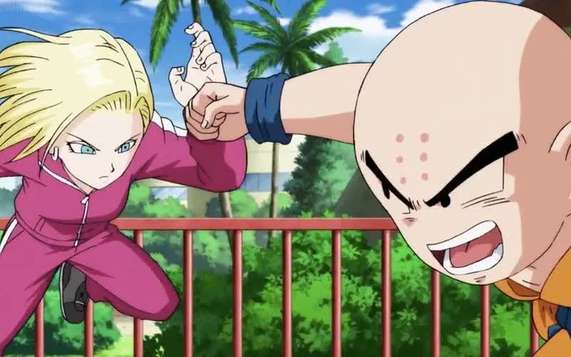 Krillin sparring with Android 18 in Dragon Ball Super