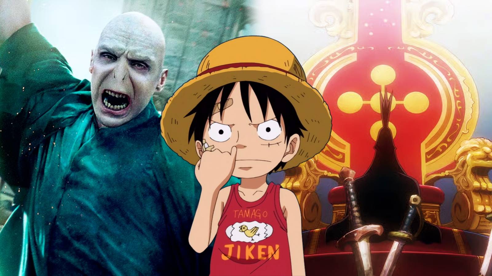 Luffy and Imu with Voldemort in the background