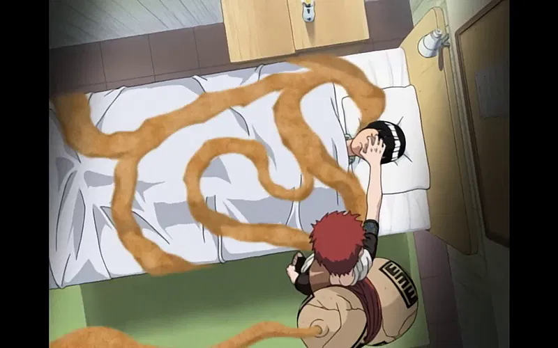 Shikamaru restrains Gaara with shadow jutsu