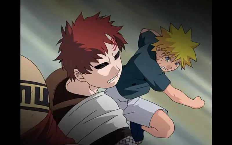 Naruto punches Gaara while Shikamaru's shadow holds him